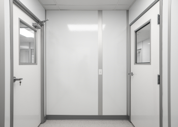 Modular cleanroom interior with pre-engineered wall panels and framed doors, built by Allied Cleanrooms for controlled manufacturing environments.
