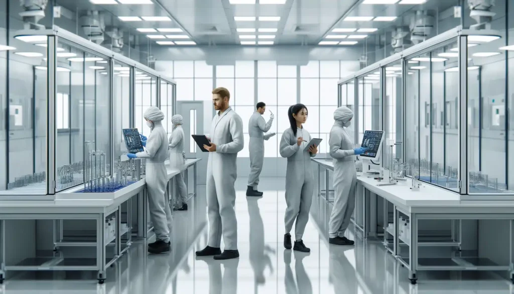 People performing a cleanroom certification, standing with clipboards.