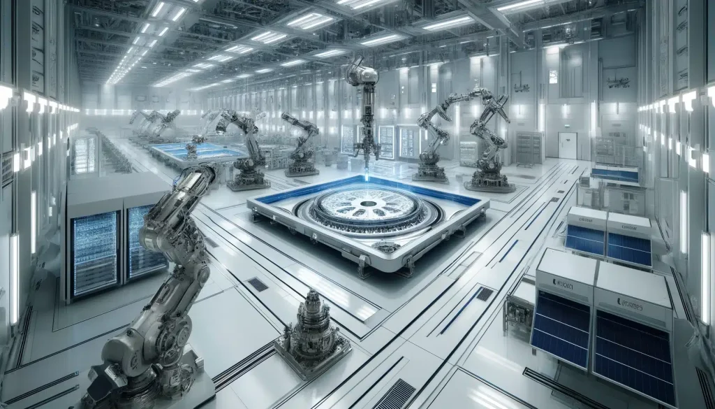 A futuristic aerospace cleanroom and manufacturing facility.