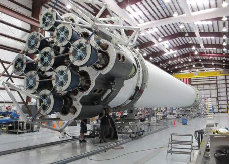 Assembly of a rocket core at an aerospace factory.