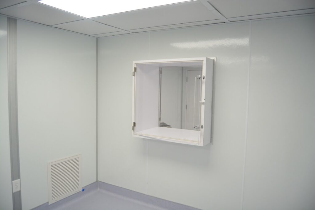 A view of a GMP cleanroom pass-through chamber, used for transferring materials between personnel.