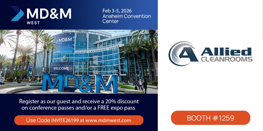 Allied Cleanrooms booth at a trade show, with attendees gathered around a modular cleanroom display.